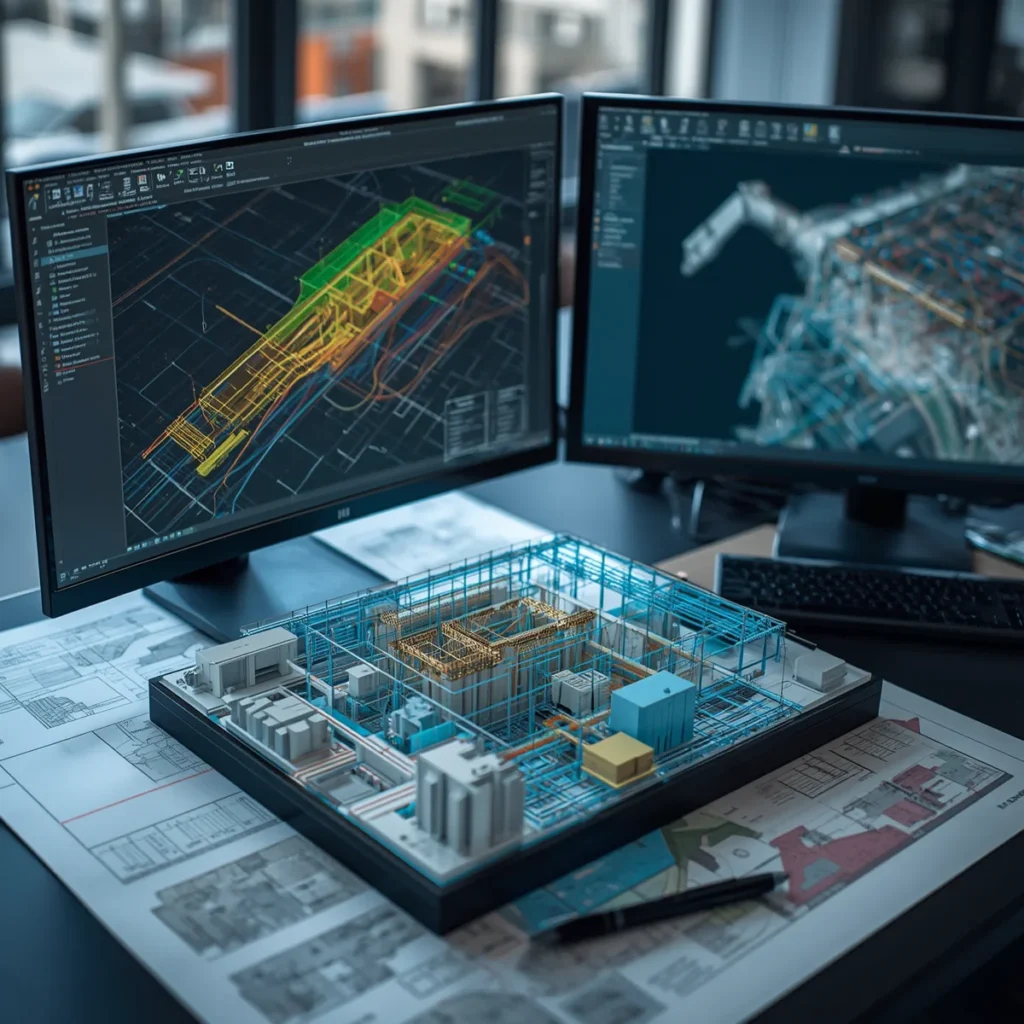 Térinformatikai és CAD rendszerek közötti adatkapcsolatot és közös műszaki modellkezelést bemutató integrált környezet.