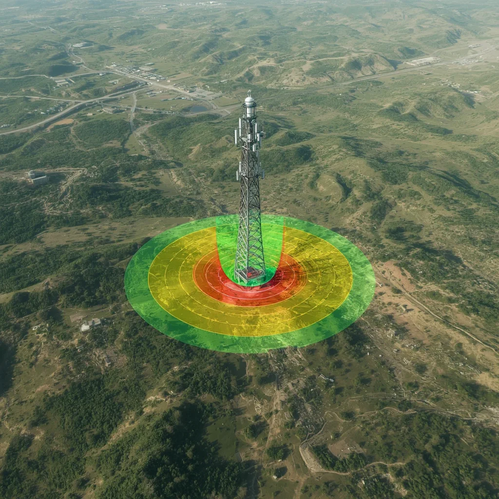 Digitális terepmodell alapján végzett láthatósági és lefedettségi vizsgálatot szemléltető vizualizáció.